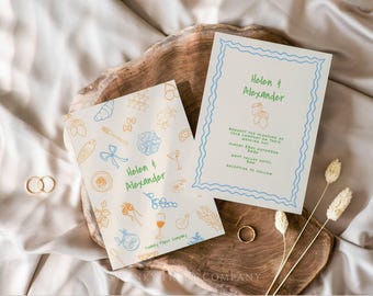 Scribble Sketch Wedding Invitation Template, Printable Instant Download, Wavy Hand Drawn Illustration Style, Quirky Whimsical Wedding /FEAST
