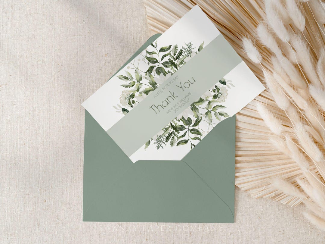 Sage Green Wedding Thank You Card Template, Botanical Greenery Wedding ...