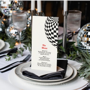 Retro Disco Ball Wedding Menu Template, Black & White Checkerboard Design, Editable Long Dinner Party Menu, Funky Reception Decor / MAGIC