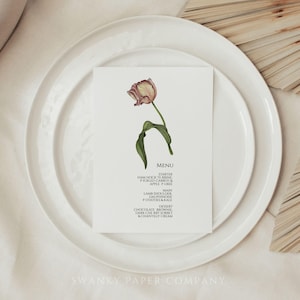 Modèle floral rose de carte de menu de mariage, téléchargement immédiat entièrement modifiable, feuillage vert dessiné à la main et conception florale pour le thème de jardin/FLORAISON