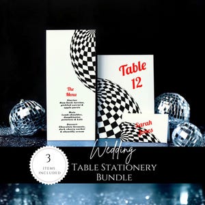 Disco Ball Wedding Table Stationery, Editable Menu, Table Number & Place Card Template, Retro Checkerboard Set, On The Day Bundle / MAGIC