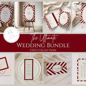 May include: A collection of wedding stationery items, including invitations, table numbers, and place cards. The designs feature a burgundy and white striped pattern and elegant typography. The text "The Ultimate Wedding Bundle" is displayed.