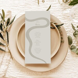 Snake Print Wedding Menu Template, Beige Serpent Design, QR Code Photo Share Card for Reception Dinner Party, Minimal Modern Style / SERPENT