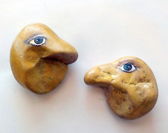 Two Stone Painted Heads Faces  Brothers, Paper Weight Rocks Face Art, Whimsical Garden Decor, Faces Beach Stones, by gardenstones on etsy