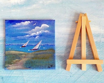 Retired and Sailing on the Lake, Magnetic Miniature Acrylic Painting Seascape On Canvas, With Easel