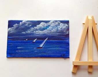 Cloudy Sky, Lake and  Sailboats, Miniature Acrylic Painted Seascape On Canvas, with Wooden Easel