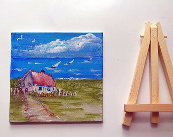 Painted Lake Scene on Small Canvas with Easel, Cottage on the Lake, Magnetic Miniature Acrylic Painting Seascape On Canvas, With Easel