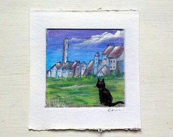 Small Print of Painted Kitty Cat and City Scape on thick paper with deckled edge, 5 1/2" wide by 6" high