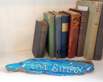 Painted Garden Sign, Live Simply Sign Painted Sailboats Driftwood, Painted Weathered Wood Desk Decor, Garden Decor, by gardenstones on etsy