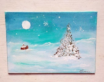 Painted Winter Snow Scene on Canvas, 7" by 5", Original Acrylic Painted in Blues and White