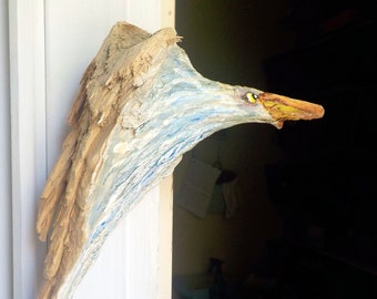 Painted Driftwood Bird Art, Painted Bird in Flight,  Bird Wall Hanging, by gardenstones on etsy