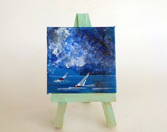 Sailing in the Evening, Miniature Acrylic Painted Seascape On Canvas, With Easel