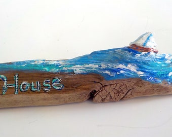 Lake House Painted Driftwood Sign, Painted Driftwood of Sailboat Pencil Holder, , Nautical Office Decor, Pencil Pen Holder, Beach Decor