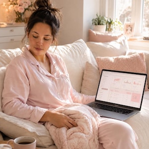 May include: A light pink button-down pajama set with long sleeves and matching pants, paired with a soft, textured light pink throw blanket. A silver laptop displays a data dashboard on its screen, and a light pink ceramic mug sits nearby.