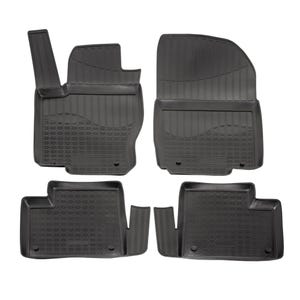 May include: A set of four black car floor mats. The mats have a textured surface with a combination of ribbed and patterned designs. The mats are designed to fit the front and rear footwells of a vehicle.
