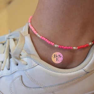 Pink & Red Beaded Anklet: Pearl Accent Stretchy Jewelry