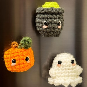 Halloween Handmade Crochet Magnet Set | Ghost, Cauldron, and Pumpkin ...