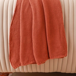 Fall Throw Blanket | Rust Knit Throw Blanket | Chunky Cream Ivory Cotton Throw | 100% Pure Cotton | Fall Decor for Bed Couch