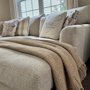Beige Throw Blanket | Waffle Texture with Tassels | Lightweight Polyester Couch Blanket | Neutral Home Decor Gift