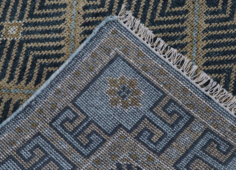 Vintage Blue and Gold Geometric Hand-knotted Wool Rug | Handmade Multi ...