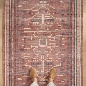 Hand-Knotted Oushak Wool Area Rug: Rust Terracotta Tribal Design
