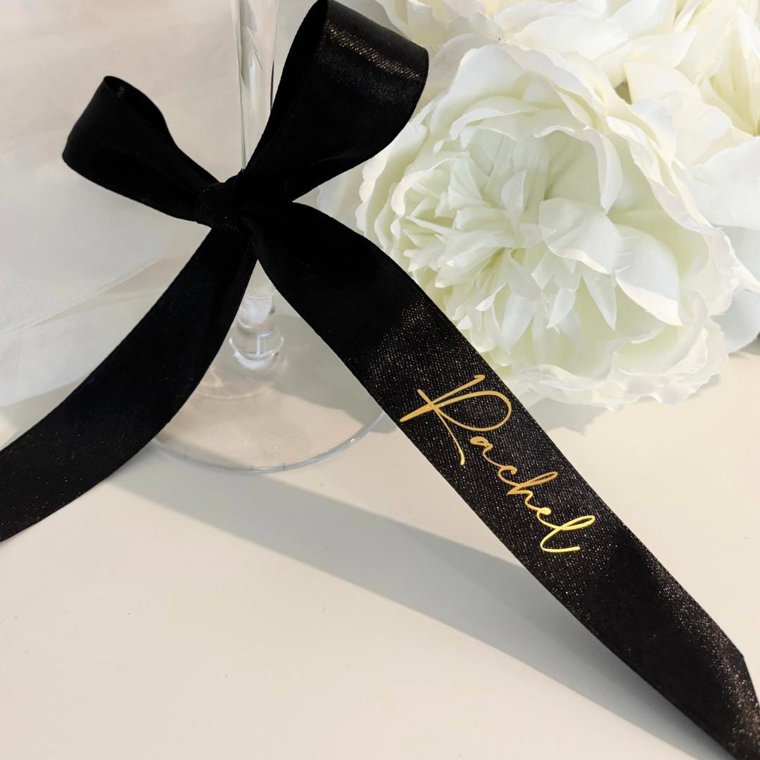 Personalized Black Satin Wedding Ribbon With Gold Font: Bridal Party ...
