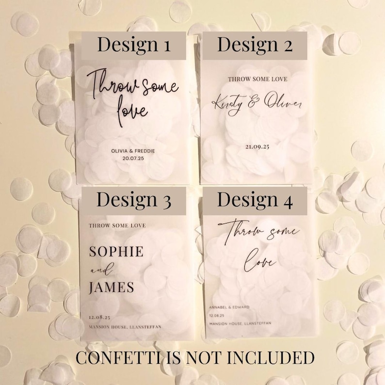 Op de afbeelding: Vier ontwerpen voor huwelijksbedankjes met de tekst "Throw some love" en namen en data. De rechthoekige pakketten hebben een lichte achtergrond en confetti. De tekst "Confetti is not included" staat onderaan.