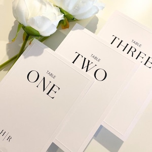 Peut inclure: Trois cartes de numéro de table blanches avec du texte noir. Les cartes sont étiquetées "Table One", "Table Two" et "Table Three".
