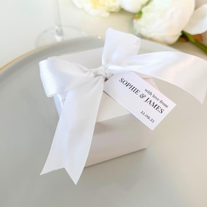 Personalized Wedding Favor Boxes with Satin Ribbon & Tag