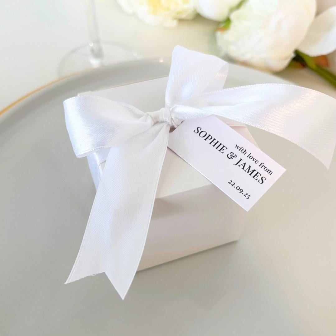 Personalized Wedding Favor Boxes with Satin Ribbon & Tag