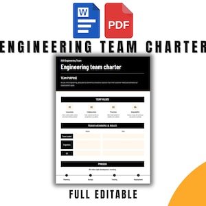 May include: A black and white printable engineering team charter template with sections for team purpose, values, members and roles, and process. The template is fully editable and includes a title that reads "Engineering Team Charter".
