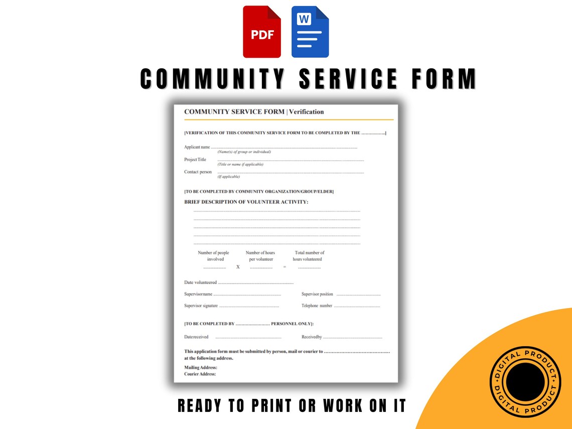 Community Service Form Template – Editable Word & Printable PDF ...