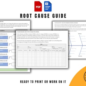 May include: A digital guide titled "ROOT CAUSE GUIDE" with PDF and Word document icons. The guide includes diagrams and text explaining root cause analysis, including "5 Whys" and Failure Modes and Effects Analysis (FMEA). The guide is ready to print or work on.