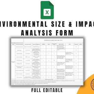 Environmental Size & Impact Analysis Form, ISO 9001, 14001 Compliant, Excel Format, Customizable Sustainability Assessment Tool