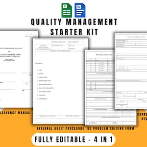 May include: A Quality Management Starter Kit with editable documents. The image shows a Quality Assurance Manual, Internal Audit Procedure, 8D Problem Solving Form, and Corrective Action Request Form. The kit is fully editable.