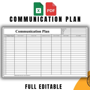 May include: A black and white communication plan template with the title "Communication Plan" at the top. The template has columns for communication date, contact method, message, contact method, contact number, and notes.