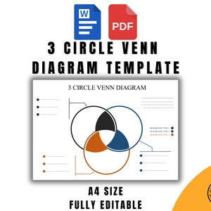 Venn Diagram Worksheet 3 Circle Layout, Instant Download Word & PDF, Printable Graphic Organizer, Editable Teaching Resource Template