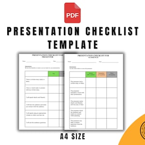 Op de afbeelding: Een afdrukbare presentatie-checklist sjabloon in zwart-wit met groene, oranje en grijze accenten. De checklist is verdeeld in twee secties: Presentator en Publiek. De checklist bevat een lijst met items om te controleren voor een presentatie.