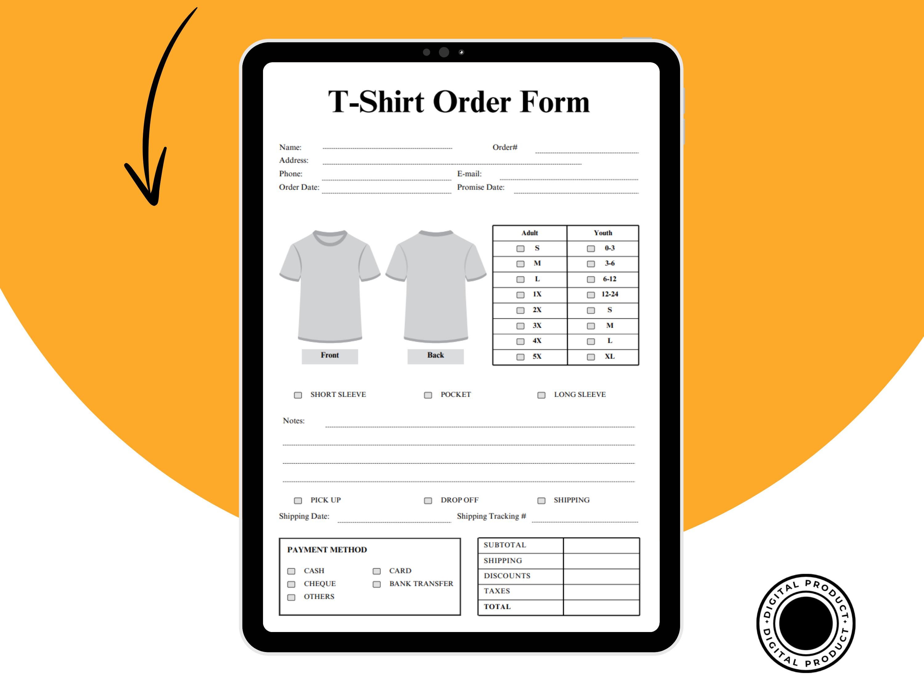 T-shirt Order Form Template PDF, Printable Shirt Order Sheet, Custom ...