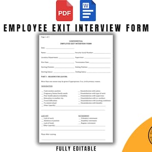 Könnte beinhalten: Ein weißes Mitarbeiter-Austrittsinterview-Formular mit ausfüllbaren Feldern, einschließlich Abschnitten zu den Gründen für das Ausscheiden und zur Rente. Das Formular ist mit "Vertraulich" gekennzeichnet und vollständig editierbar. PDF- und Word-Dokument-Symbole oben.