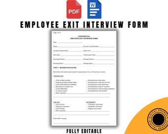 Employee Exit Interview Form, Printable, Editable Word/PDF Template, HR Offboarding Survey for Feedback & Improvement, Instant Download Docs