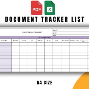 Puede incluir: Una plantilla de lista de seguimiento de documentos en formato PDF y Excel. La plantilla incluye secciones para documentos en servicio y documentos internos, con columnas para el nombre del documento, el número, el preparador, la fecha, la fecha de revisión, la razón de la revisión, etc. La plantilla está diseñada para papel de tamaño A4.