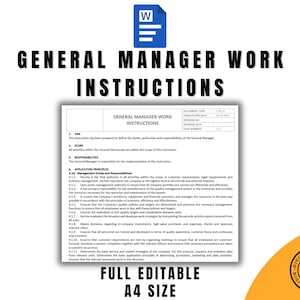 Op de afbeelding: Een zwart-wit document met de titel "Werkinstructies voor de algemeen directeur". Het document bevat een lijst met taken, bevoegdheden en verantwoordelijkheden van een algemeen directeur. Het document is volledig bewerkbaar en is geformatteerd voor A4-papier.