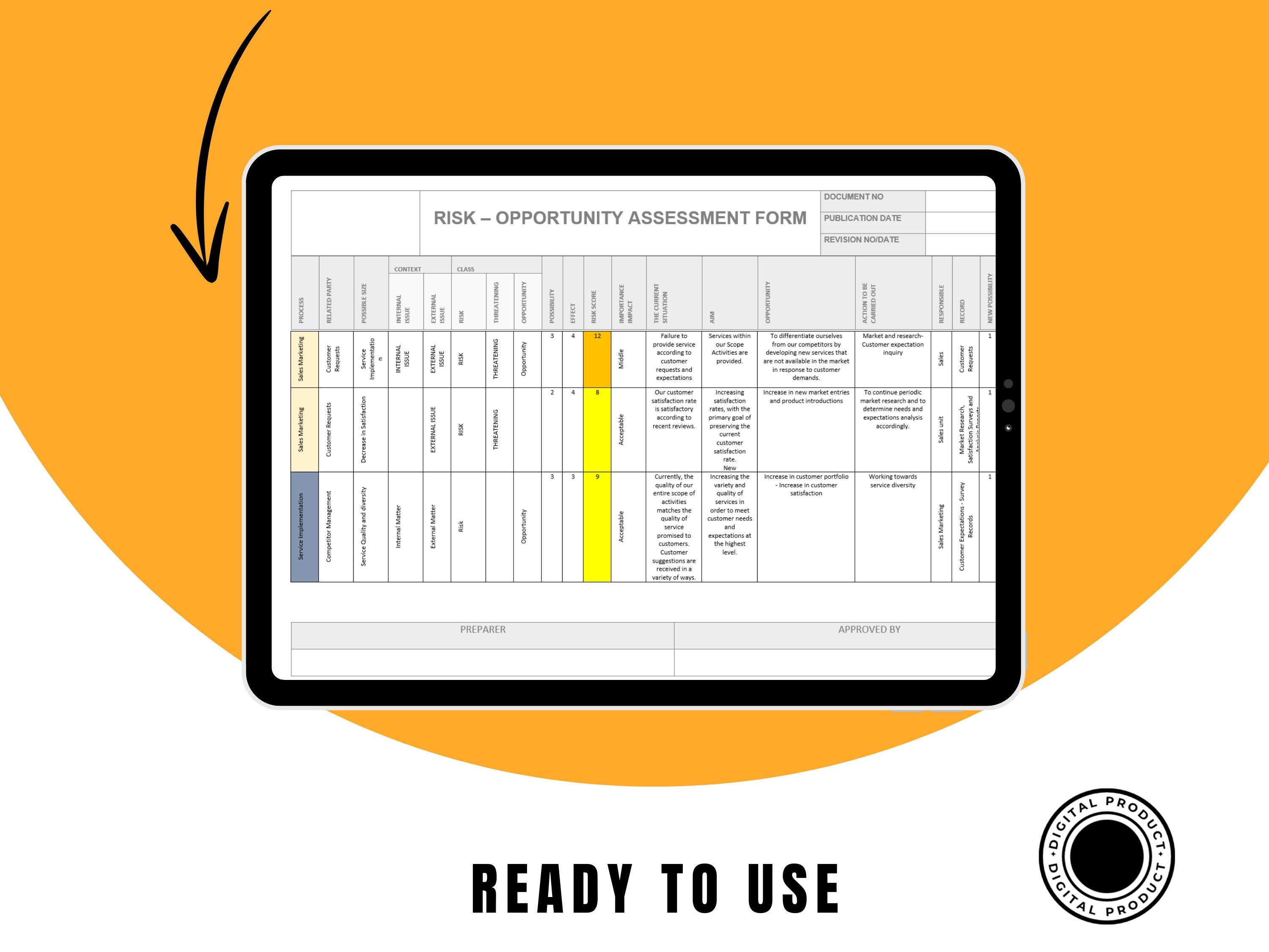 Risk Opportunity Assessment Form, ISO Compliant, Fully Editable ...