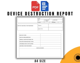 Modello di rapporto sulla distruzione dei dispositivi, Word e PDF, conforme alla sicurezza dei dati ISO, modulo di smaltimento dei dati, registro di smaltimento delle risorse IT stampabile