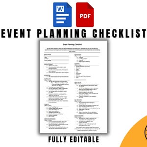 Puede incluir: Una lista de verificación digital para la planificación de eventos en formato PDF, totalmente editable. El título "Event Planning Checklist" se muestra en negrita. La imagen también incluye iconos "W" y "PDF".