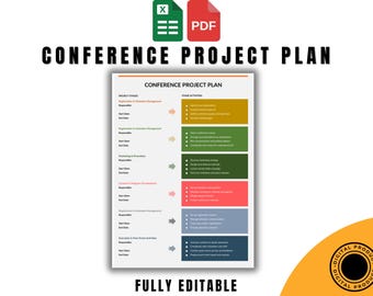 Modello di piano di progetto per conferenze in formato Excel PDF, foglio di calcolo modificabile per la pianificazione di eventi, organizzatore stampabile per team, download del tracker delle attività