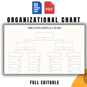 May include: A digital organizational chart template with a white background. The title "ORGANIZATIONAL CHART" is displayed in bold black letters. The chart includes a hierarchical structure with boxes and lines. The words "FULL EDITABLE" are at the bottom.