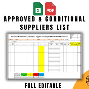 Op de afbeelding: Een afdrukbare spreadsheet-sjabloon voor een lijst met goedgekeurde en voorwaardelijke leveranciers. De sjabloon bevat kolommen voor leveranciersgegevens, product- en service-informatie en goedkeuringsstatus. De sjabloon is volledig bewerkbaar.