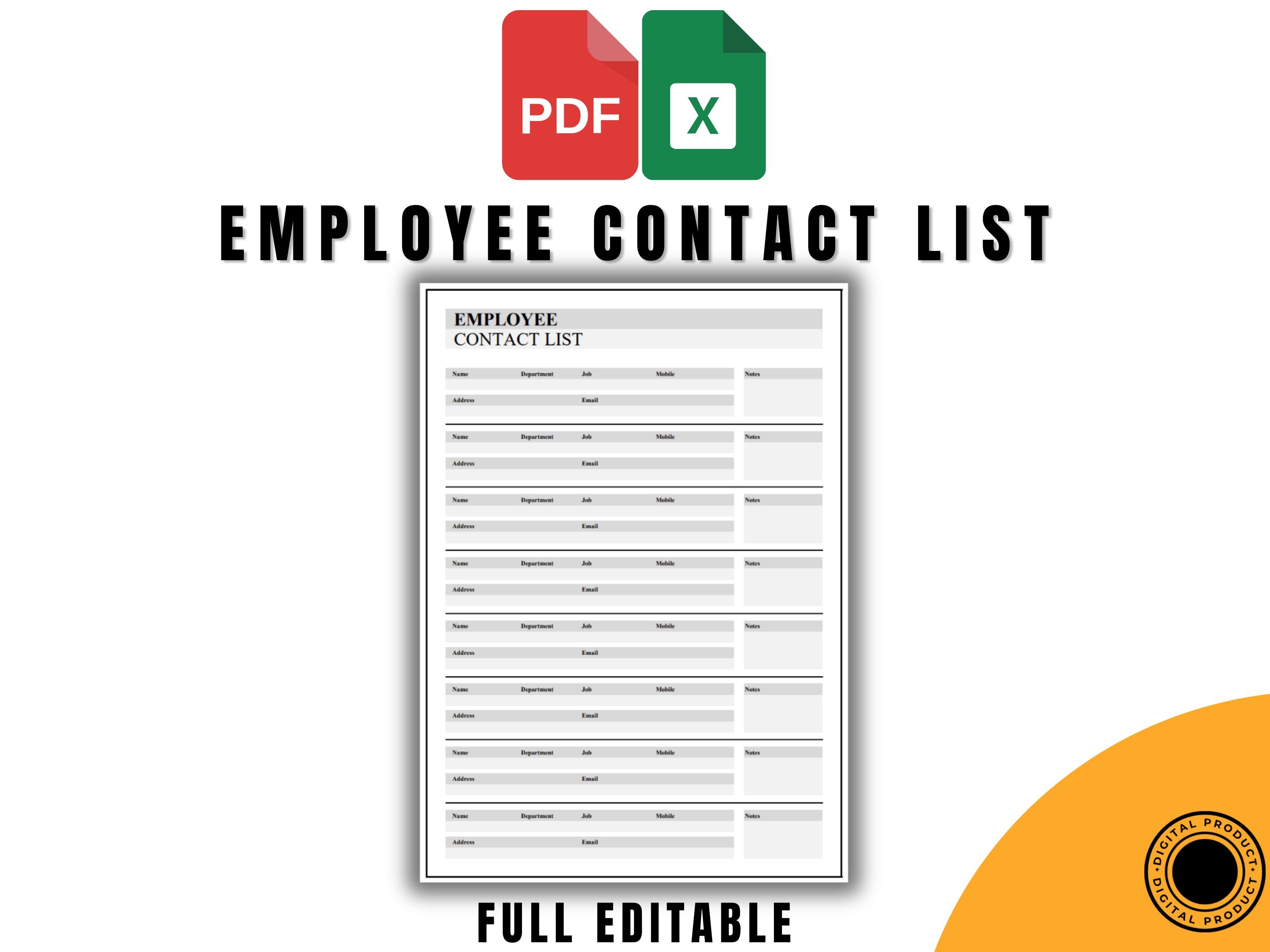 Employee Contact List Template, PDF and Excel Formats, Printable ...